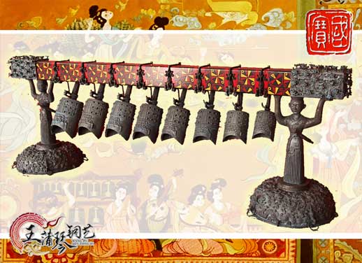 8件古編鐘，銅人銅座裝飾，可發(fā)音